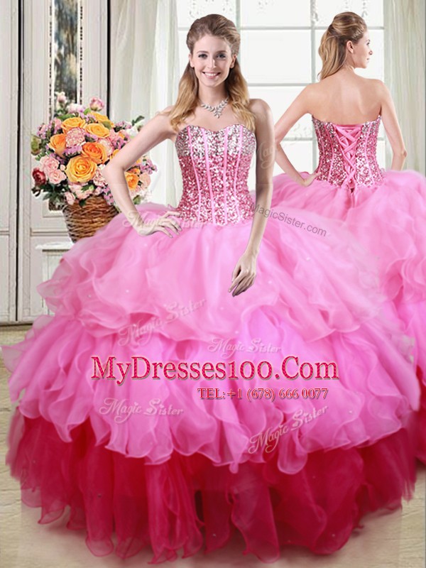 Four Piece Sleeveless Lace Up Floor Length Ruffles and Sequins Quinceanera Gowns