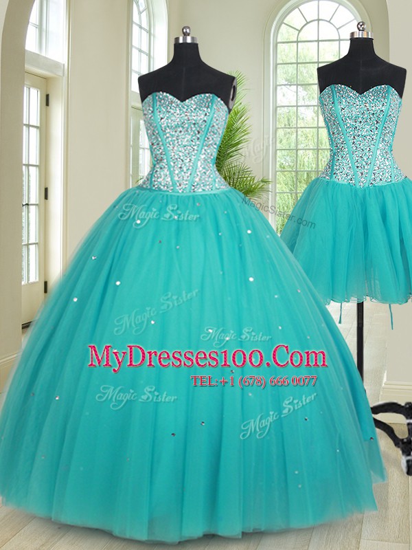 Three Piece Ball Gowns 15th Birthday Dress Aqua Blue Sweetheart Tulle Sleeveless Floor Length Lace Up