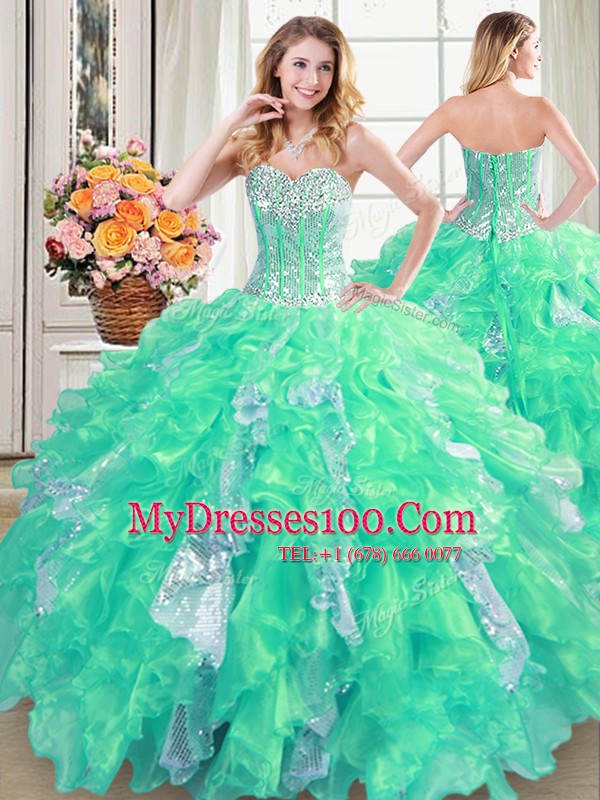 Free and Easy Sequins Sweetheart Sleeveless Lace Up Vestidos de Quinceanera Turquoise Organza