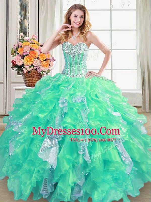 Free and Easy Sequins Sweetheart Sleeveless Lace Up Vestidos de Quinceanera Turquoise Organza
