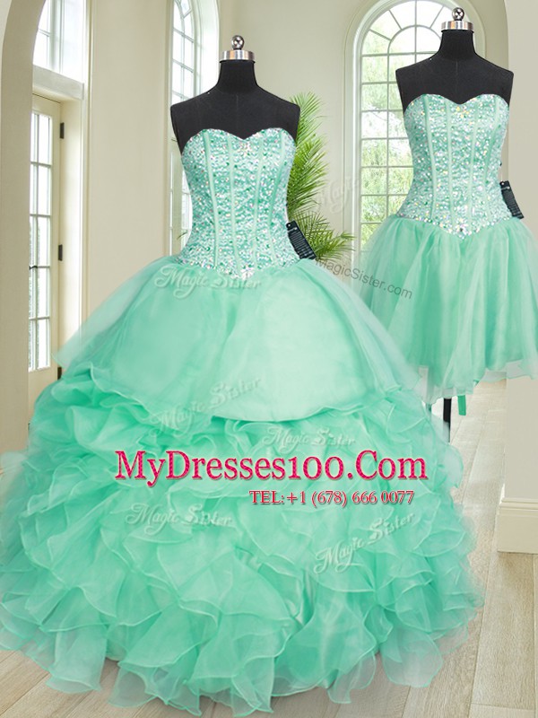 Customized Three Piece Turquoise Organza Lace Up Sweetheart Sleeveless Floor Length Quince Ball Gowns Beading and Ruffles