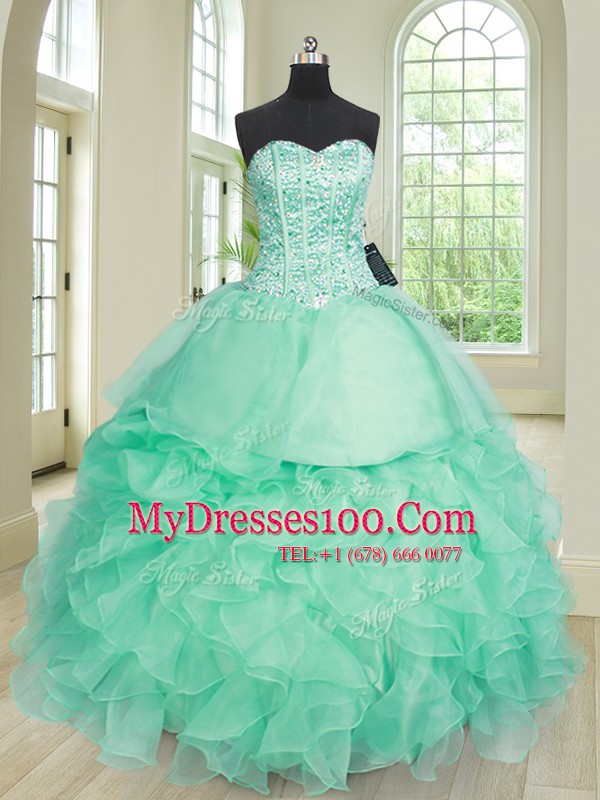 Customized Three Piece Turquoise Organza Lace Up Sweetheart Sleeveless Floor Length Quince Ball Gowns Beading and Ruffles