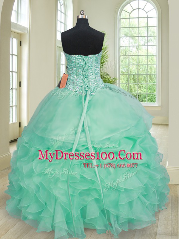 Customized Three Piece Turquoise Organza Lace Up Sweetheart Sleeveless Floor Length Quince Ball Gowns Beading and Ruffles