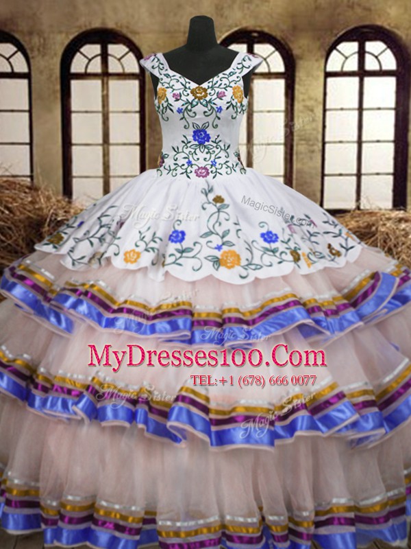 Fine Straps Sleeveless 15th Birthday Dress Floor Length Embroidery and Ruffled Layers White Organza and Taffeta