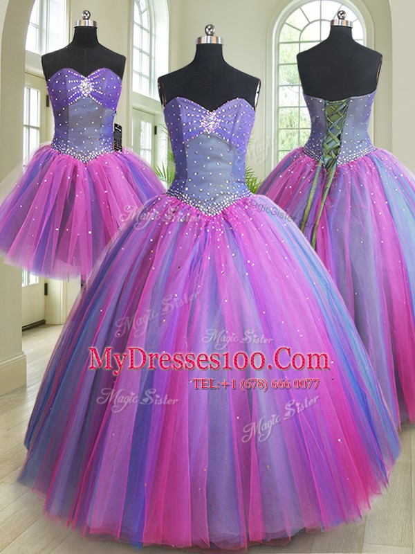Stylish Three Piece Ball Gowns Vestidos de Quinceanera Multi-color Sweetheart Tulle Sleeveless Floor Length Lace Up