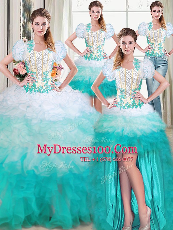 Four Piece Multi-color Organza Lace Up Sweet 16 Dress Sleeveless Floor Length Beading and Appliques and Ruffles
