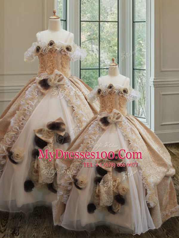 Pretty Off the Shoulder Champagne Sleeveless Organza and Lace Clasp Handle 15 Quinceanera Dress for Military Ball and Sweet 16 and Quinceanera