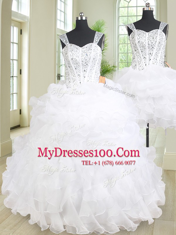 Three Piece White Ball Gown Prom Dress Military Ball and Sweet 16 and Quinceanera and For with Beading and Ruffles Straps Sleeveless Lace Up