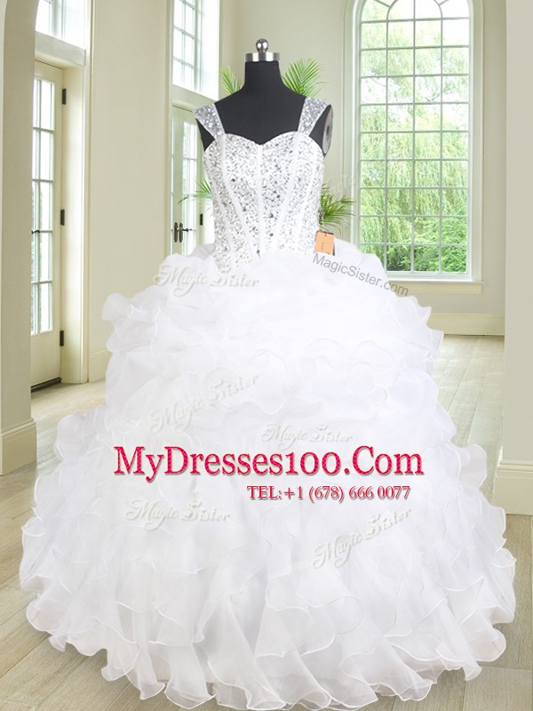 Three Piece White Ball Gown Prom Dress Military Ball and Sweet 16 and Quinceanera and For with Beading and Ruffles Straps Sleeveless Lace Up