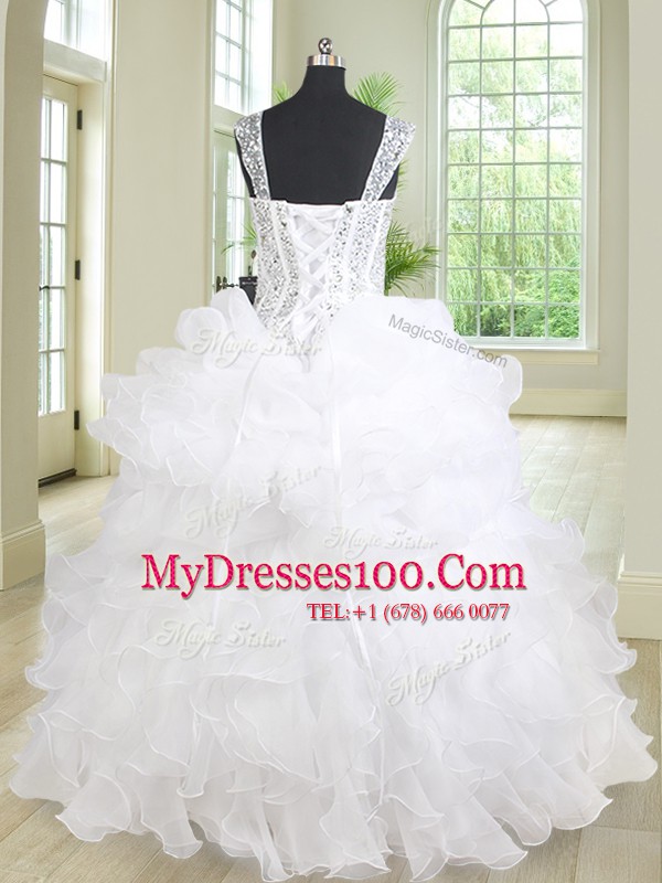 Three Piece White Ball Gown Prom Dress Military Ball and Sweet 16 and Quinceanera and For with Beading and Ruffles Straps Sleeveless Lace Up
