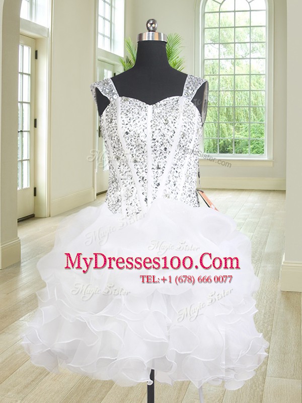 Three Piece White Ball Gown Prom Dress Military Ball and Sweet 16 and Quinceanera and For with Beading and Ruffles Straps Sleeveless Lace Up