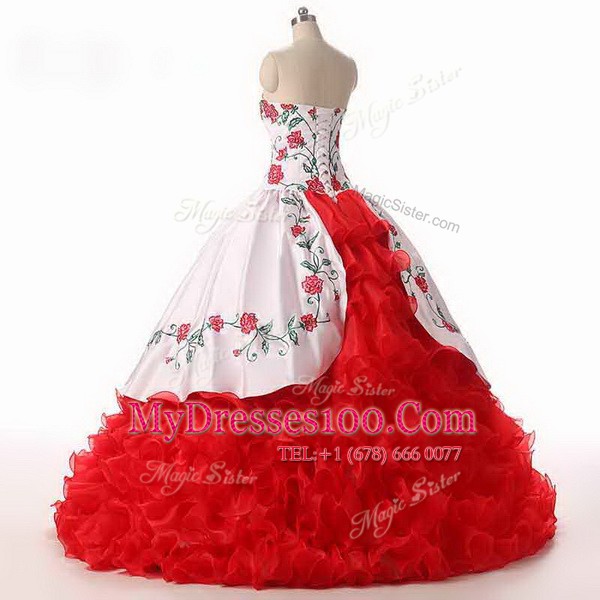 Ruffled Ball Gowns Sweet 16 Dress White and Red Sweetheart Organza Sleeveless Floor Length Lace Up