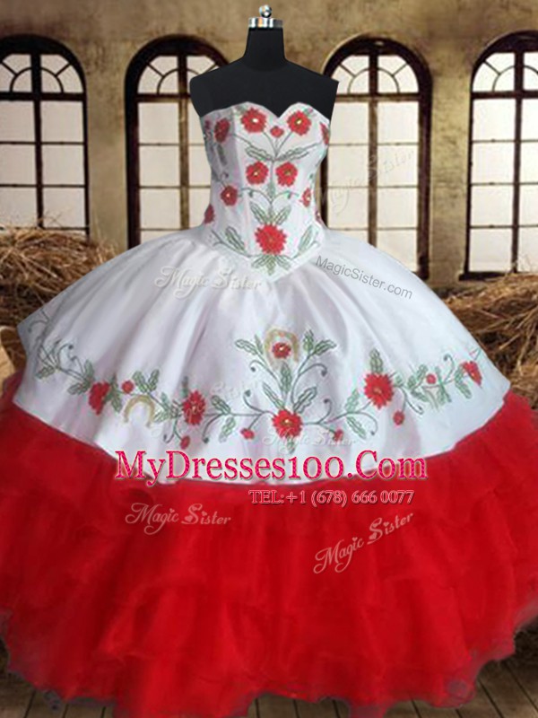Ruffled Ball Gowns Sweet 16 Dress White and Red Sweetheart Organza Sleeveless Floor Length Lace Up