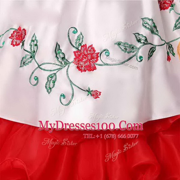 Ruffled Ball Gowns Sweet 16 Dress White and Red Sweetheart Organza Sleeveless Floor Length Lace Up