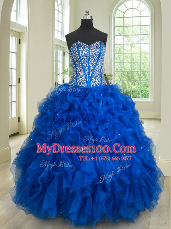Trendy Four Piece Royal Blue Sleeveless Floor Length Beading and Ruffles Lace Up Quinceanera Gown