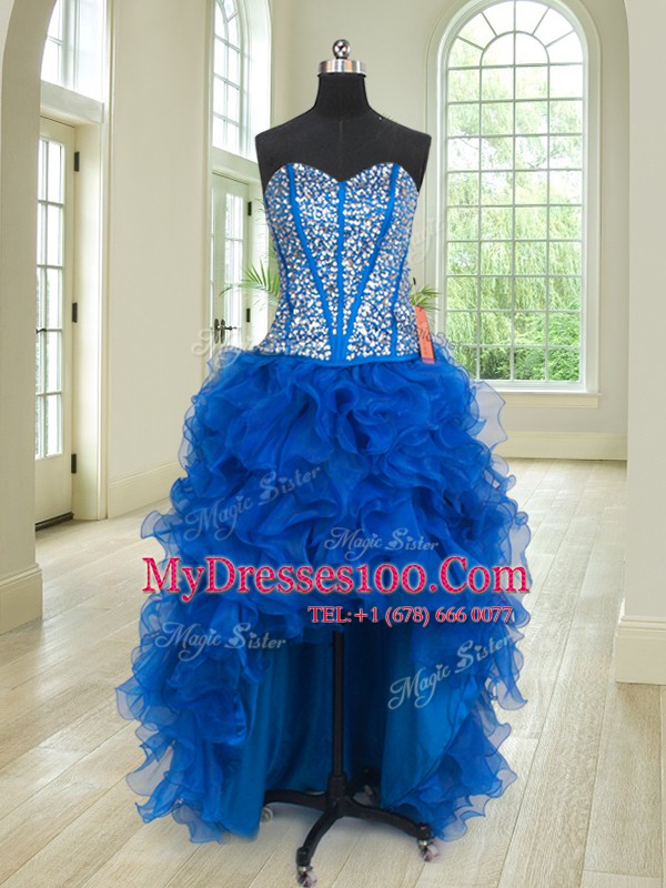 Trendy Four Piece Royal Blue Sleeveless Floor Length Beading and Ruffles Lace Up Quinceanera Gown