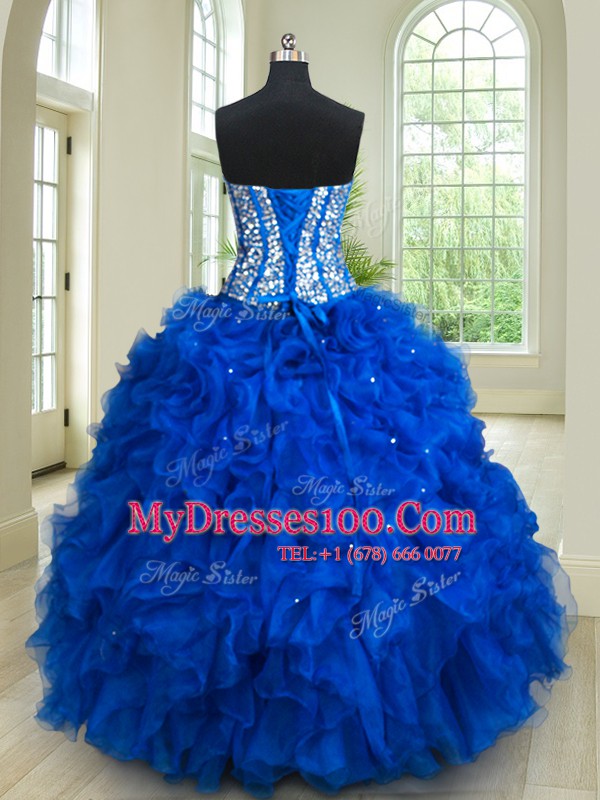 Trendy Four Piece Royal Blue Sleeveless Floor Length Beading and Ruffles Lace Up Quinceanera Gown