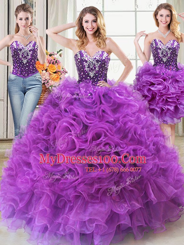 Three Piece Ball Gowns Quinceanera Gown Eggplant Purple Sweetheart Organza Sleeveless Floor Length Lace Up