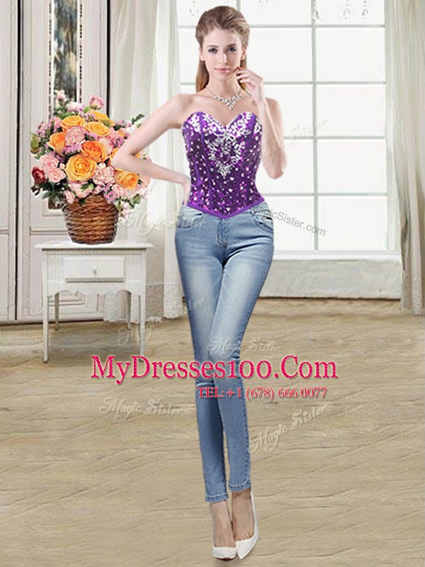 Three Piece Ball Gowns Quinceanera Gown Eggplant Purple Sweetheart Organza Sleeveless Floor Length Lace Up