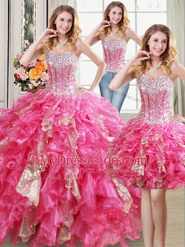 Three Piece Hot Pink Lace Up 15th Birthday Dress Beading and Ruffles and Sequins Sleeveless Floor Length