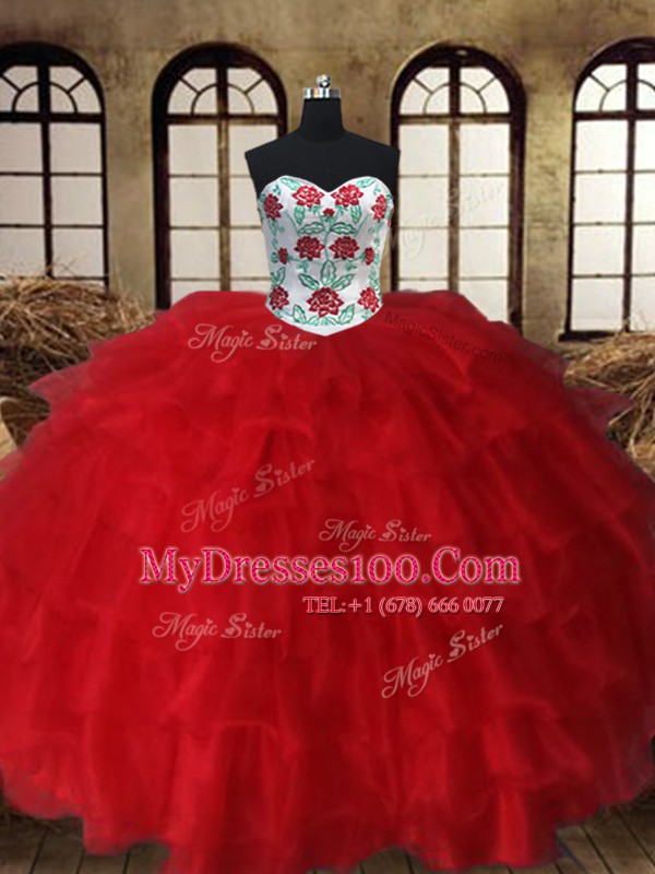 Three Piece White and Red Ball Gowns Organza Sweetheart Sleeveless Embroidery and Ruffled Layers Floor Length Lace Up Quince Ball Gowns