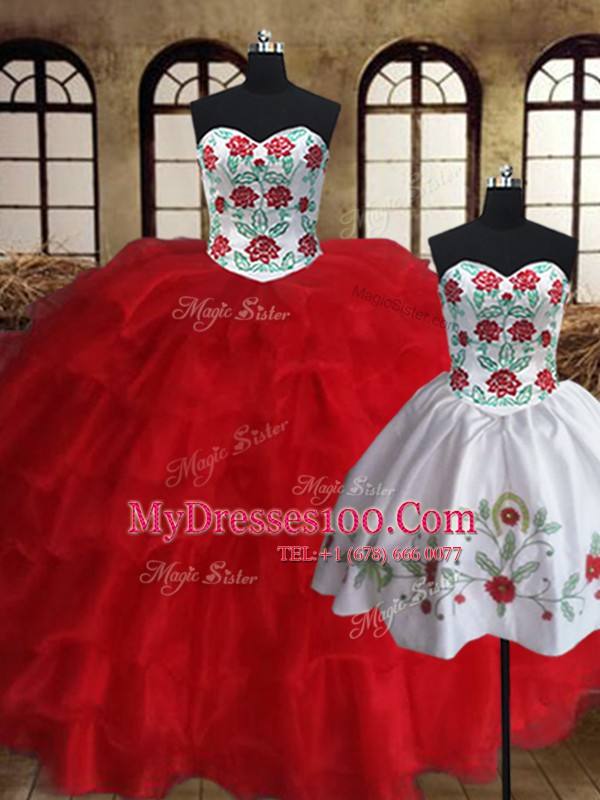 Three Piece White and Red Ball Gowns Organza Sweetheart Sleeveless Embroidery and Ruffled Layers Floor Length Lace Up Quince Ball Gowns