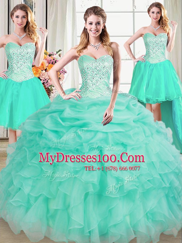 Four Piece Apple Green Sweetheart Neckline Beading and Ruffles and Pick Ups 15th Birthday Dress Sleeveless Lace Up