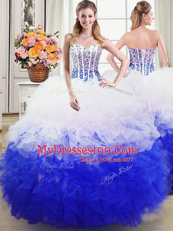 Four Piece Sweetheart Sleeveless Sweet 16 Quinceanera Dress Floor Length Beading and Ruffles White and Blue Organza