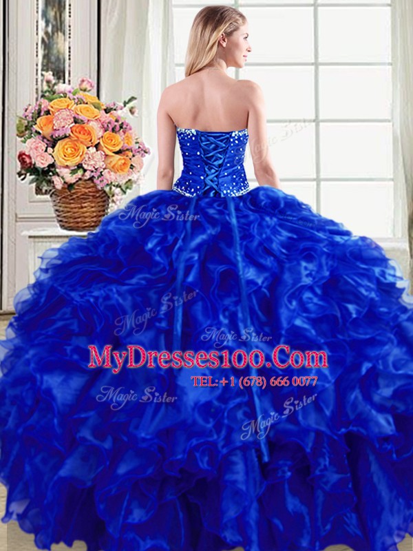 Graceful Ball Gowns Sweet 16 Dress Royal Blue Strapless Organza Sleeveless Floor Length Lace Up