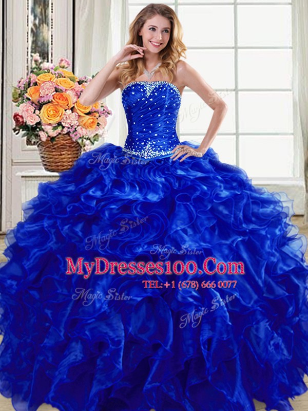 Graceful Ball Gowns Sweet 16 Dress Royal Blue Strapless Organza Sleeveless Floor Length Lace Up