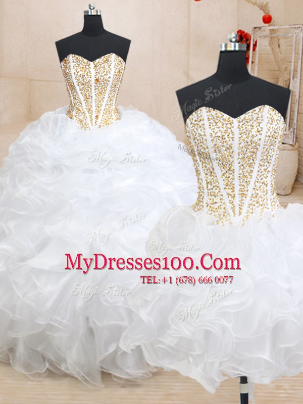 Three Piece Sleeveless Organza Floor Length Lace Up Sweet 16 Quinceanera Dress in White with Beading and Ruffles