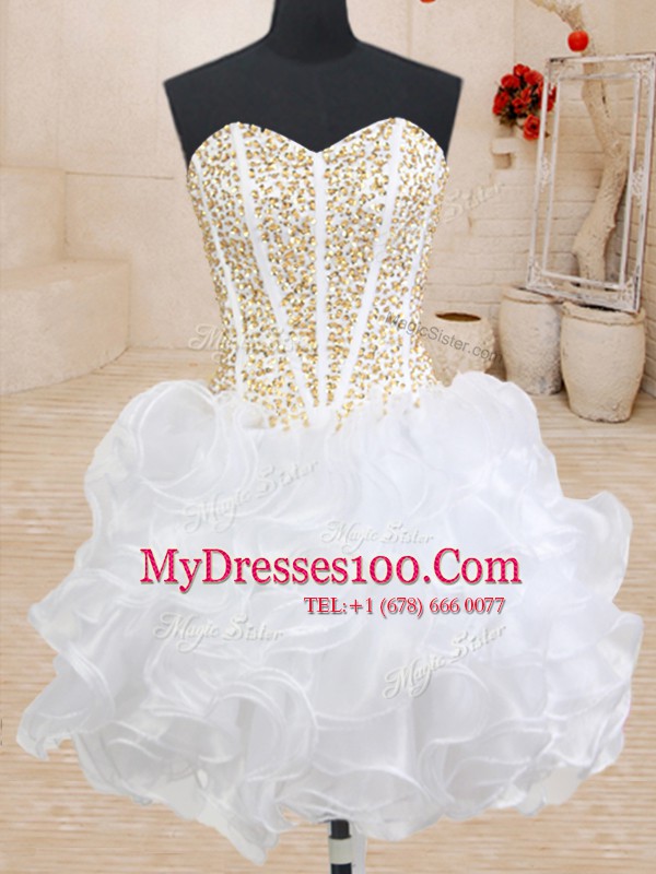 Three Piece Sleeveless Organza Floor Length Lace Up Sweet 16 Quinceanera Dress in White with Beading and Ruffles
