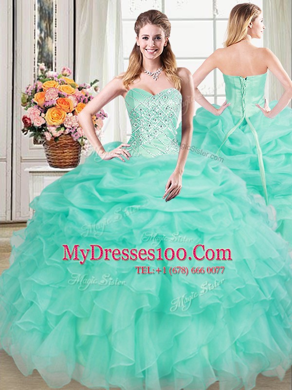 Floor Length Lace Up 15th Birthday Dress Apple Green for Military Ball and Sweet 16 and Quinceanera with Beading and Ruffles and Pick Ups