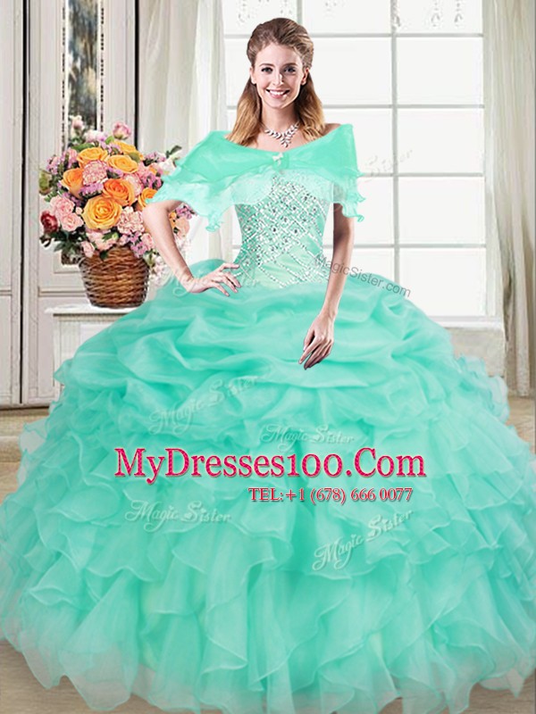 Floor Length Lace Up 15th Birthday Dress Apple Green for Military Ball and Sweet 16 and Quinceanera with Beading and Ruffles and Pick Ups