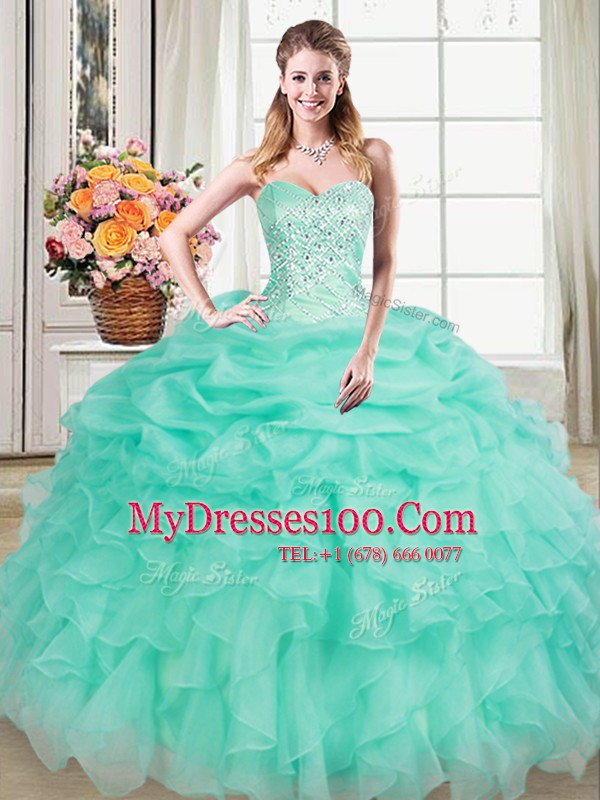 Floor Length Lace Up 15th Birthday Dress Apple Green for Military Ball and Sweet 16 and Quinceanera with Beading and Ruffles and Pick Ups