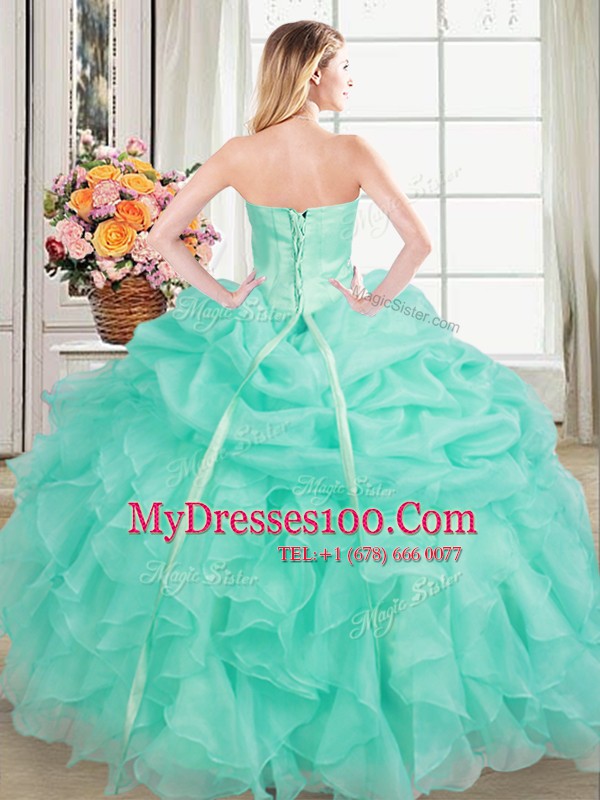 Floor Length Lace Up 15th Birthday Dress Apple Green for Military Ball and Sweet 16 and Quinceanera with Beading and Ruffles and Pick Ups