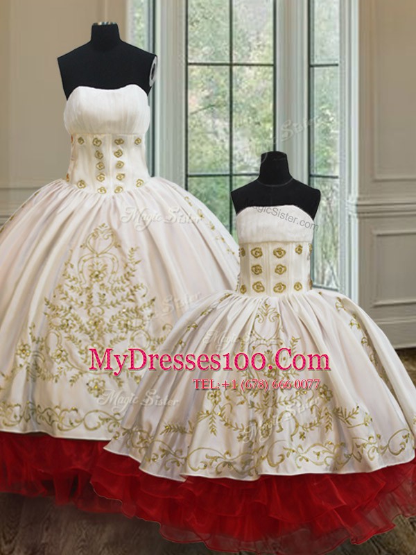 White and Red Organza and Taffeta Lace Up Strapless Sleeveless Floor Length Quinceanera Gown Embroidery and Ruffled Layers
