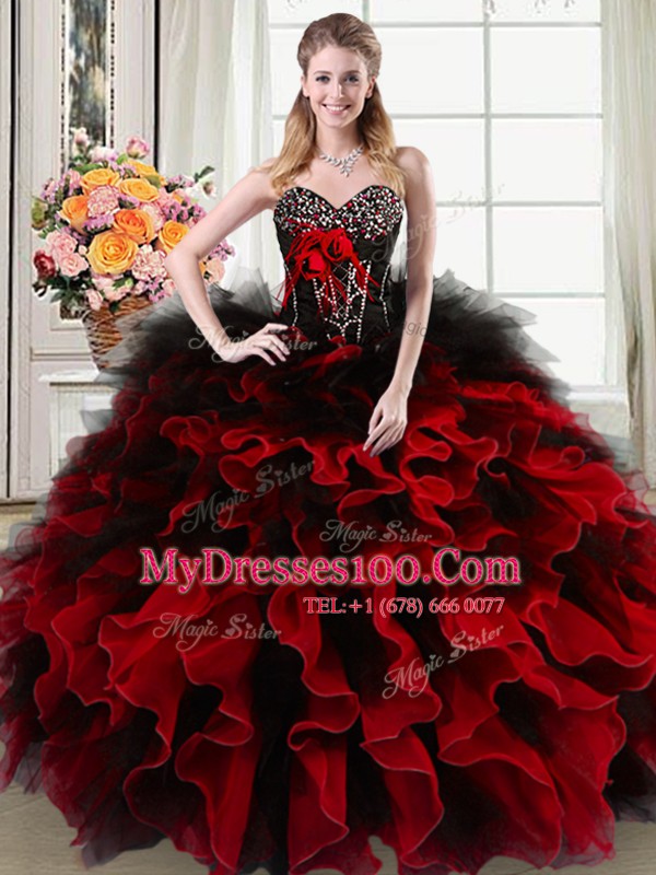 Extravagant Sleeveless Beading and Ruffles and Hand Made Flower Lace Up Quince Ball Gowns