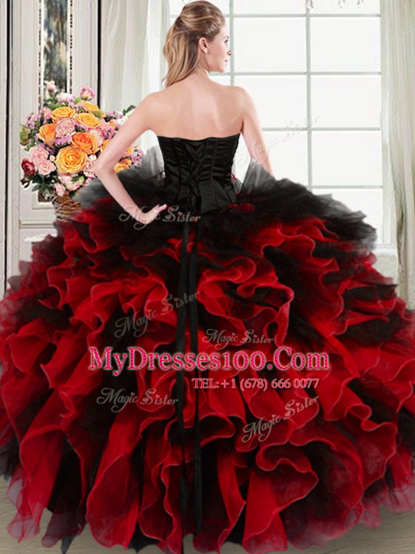 Extravagant Sleeveless Beading and Ruffles and Hand Made Flower Lace Up Quince Ball Gowns