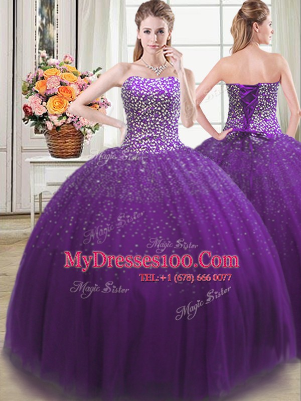 Ball Gowns Quinceanera Dresses Purple Sweetheart Tulle Sleeveless Floor Length Lace Up