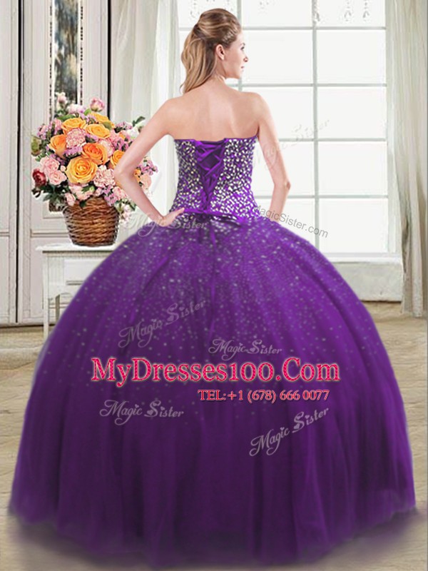 Ball Gowns Quinceanera Dresses Purple Sweetheart Tulle Sleeveless Floor Length Lace Up