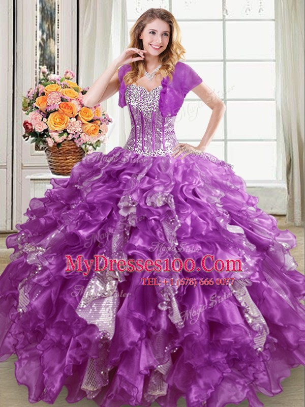 Simple Purple Sweetheart Lace Up Beading and Ruffles and Sequins Sweet 16 Dresses Sleeveless