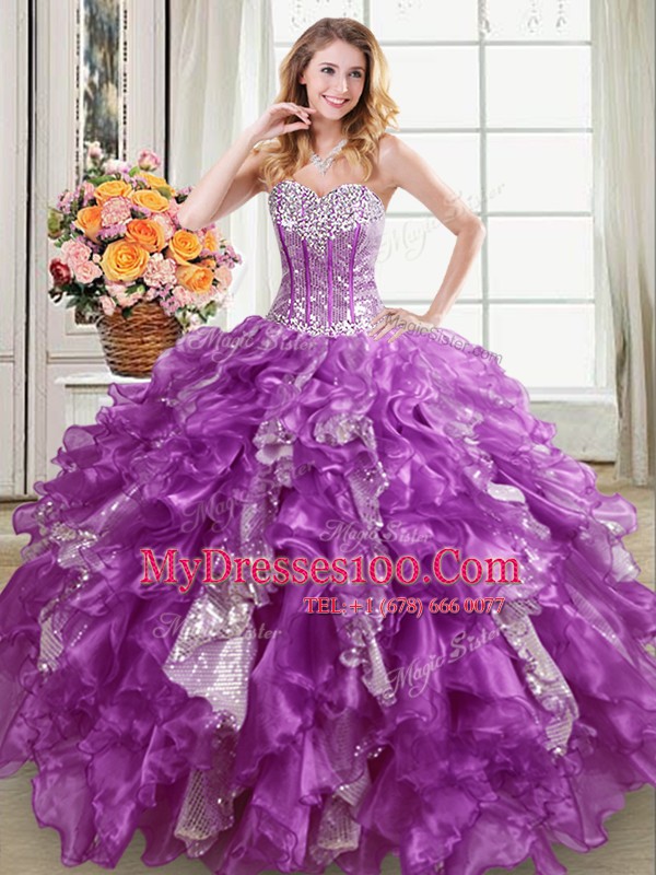 Simple Purple Sweetheart Lace Up Beading and Ruffles and Sequins Sweet 16 Dresses Sleeveless