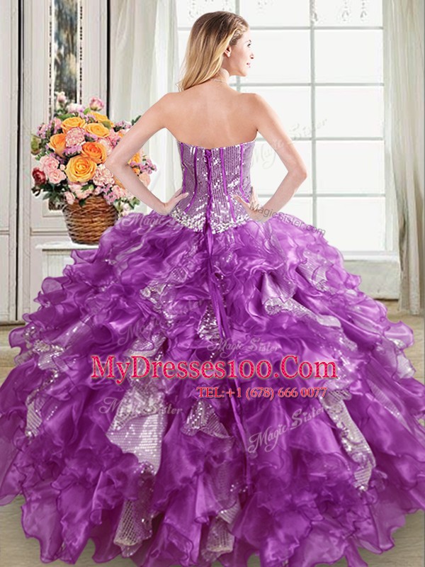 Simple Purple Sweetheart Lace Up Beading and Ruffles and Sequins Sweet 16 Dresses Sleeveless