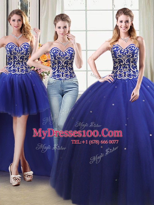 Fabulous Four Piece Royal Blue Lace Up Sweetheart Beading Quinceanera Gown Tulle Sleeveless