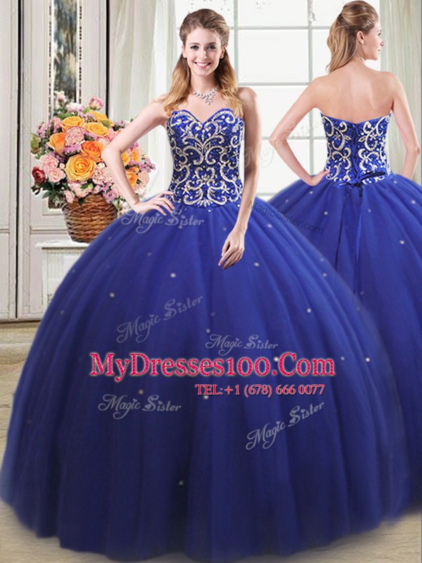 Fabulous Four Piece Royal Blue Lace Up Sweetheart Beading Quinceanera Gown Tulle Sleeveless