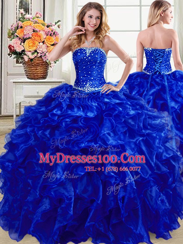 Romantic Three Piece Royal Blue Sleeveless Beading and Ruffles Floor Length Quinceanera Gowns