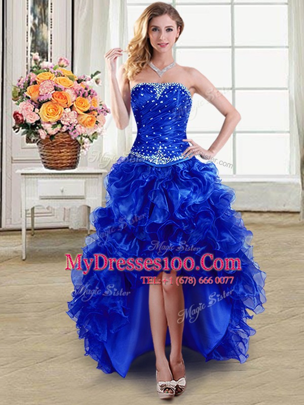 Beautiful Four Piece Strapless Sleeveless Quinceanera Gown Floor Length Beading and Ruffles Royal Blue Organza