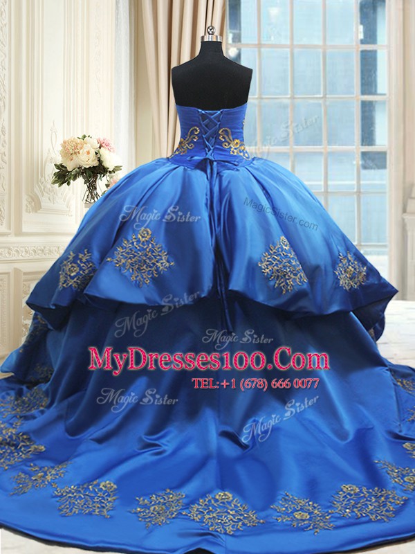 With Train Lace Up Quinceanera Gown Royal Blue for Military Ball and Sweet 16 and Quinceanera with Beading and Embroidery Court Train