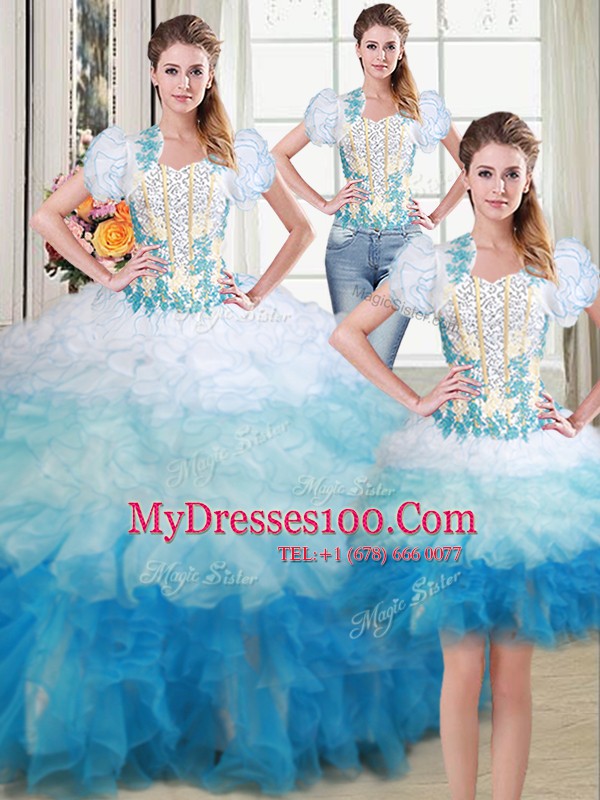 Amazing Three Piece Ball Gowns Quince Ball Gowns Multi-color Sweetheart Organza Sleeveless Floor Length Lace Up